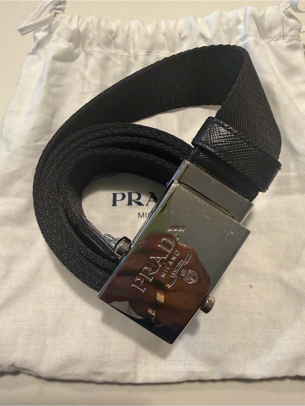 Prada Black Webbing Belt Bag with Silver Logo Buckle